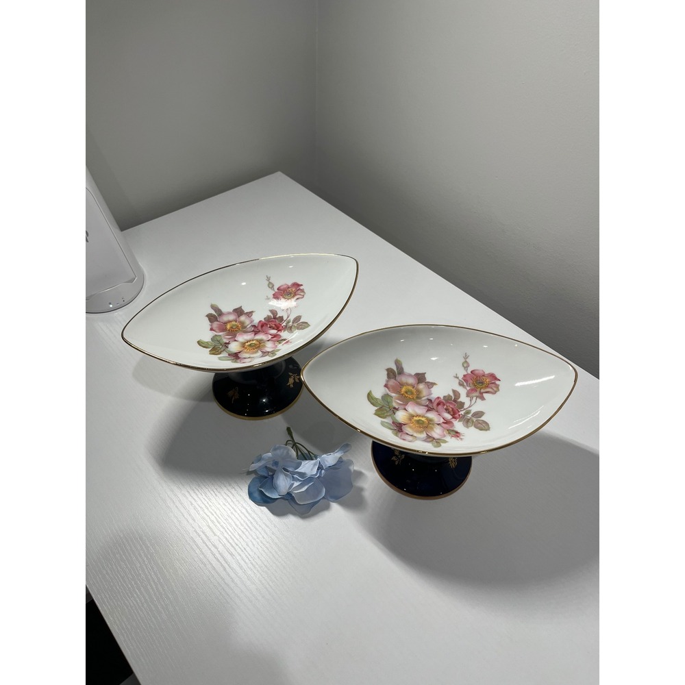 Schumann Arzberg Wild Rose Echt Cobalt Pedestal‎ Compote Dishes Pair Bavaria
